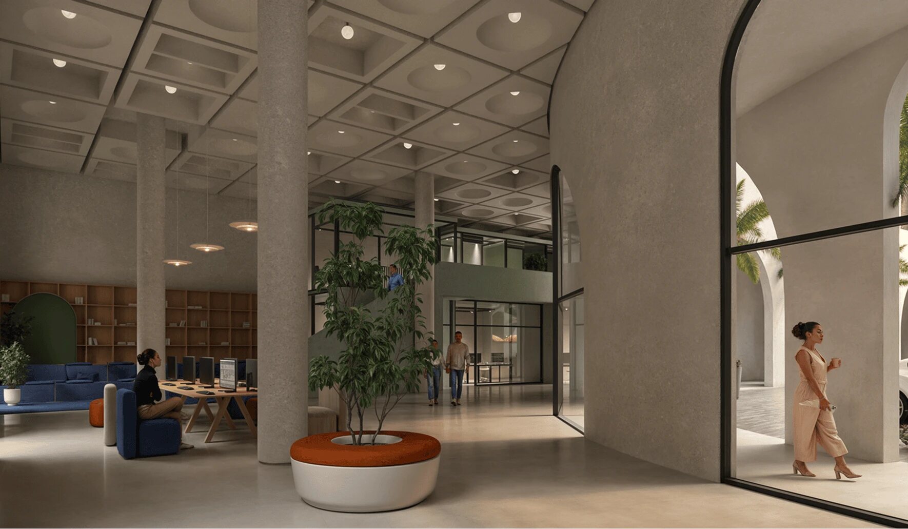 Lobby moderno con columnas, ventanales altos, plantas y área de trabajo.