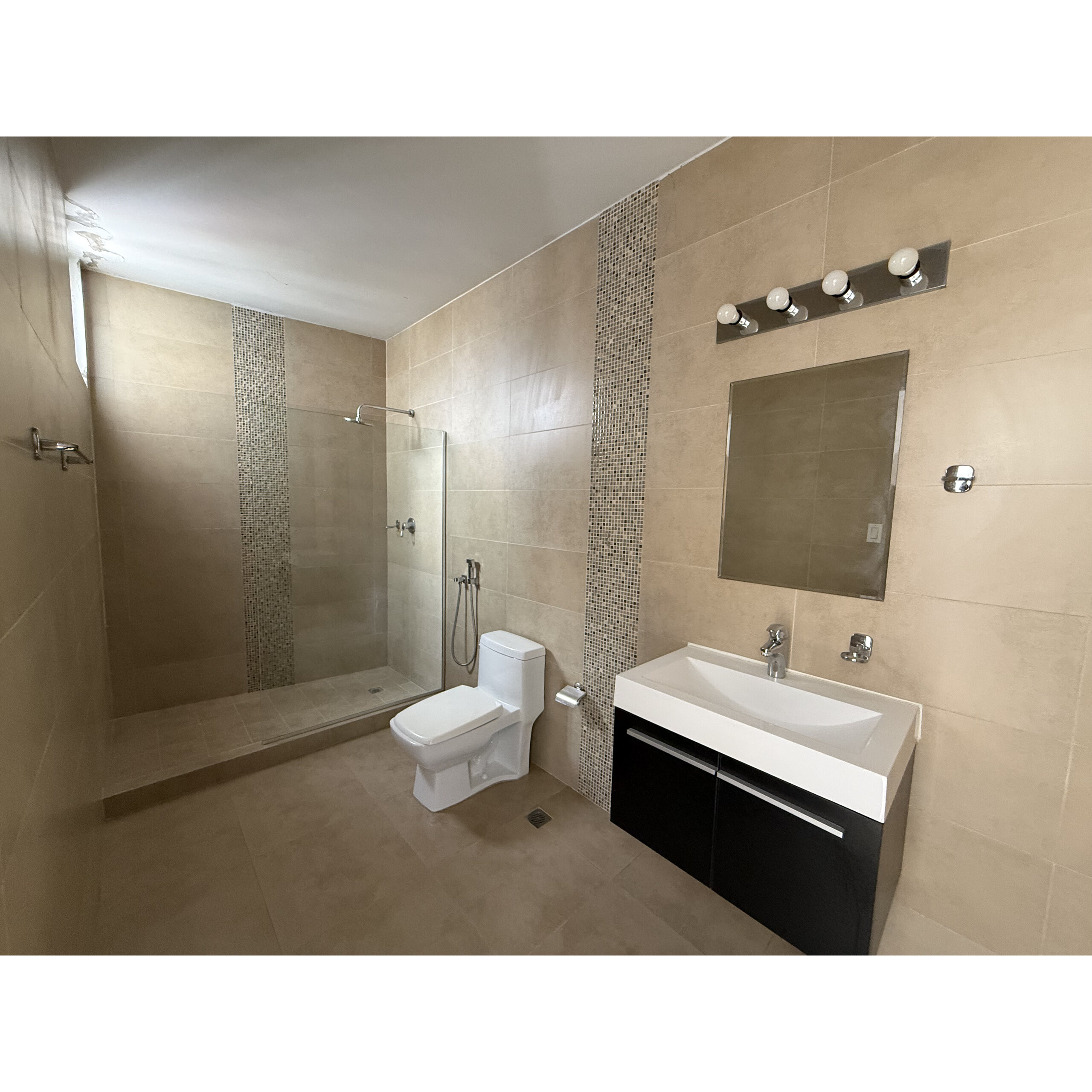 Baño moderno con ducha, inodoro, lavabo y espejo.