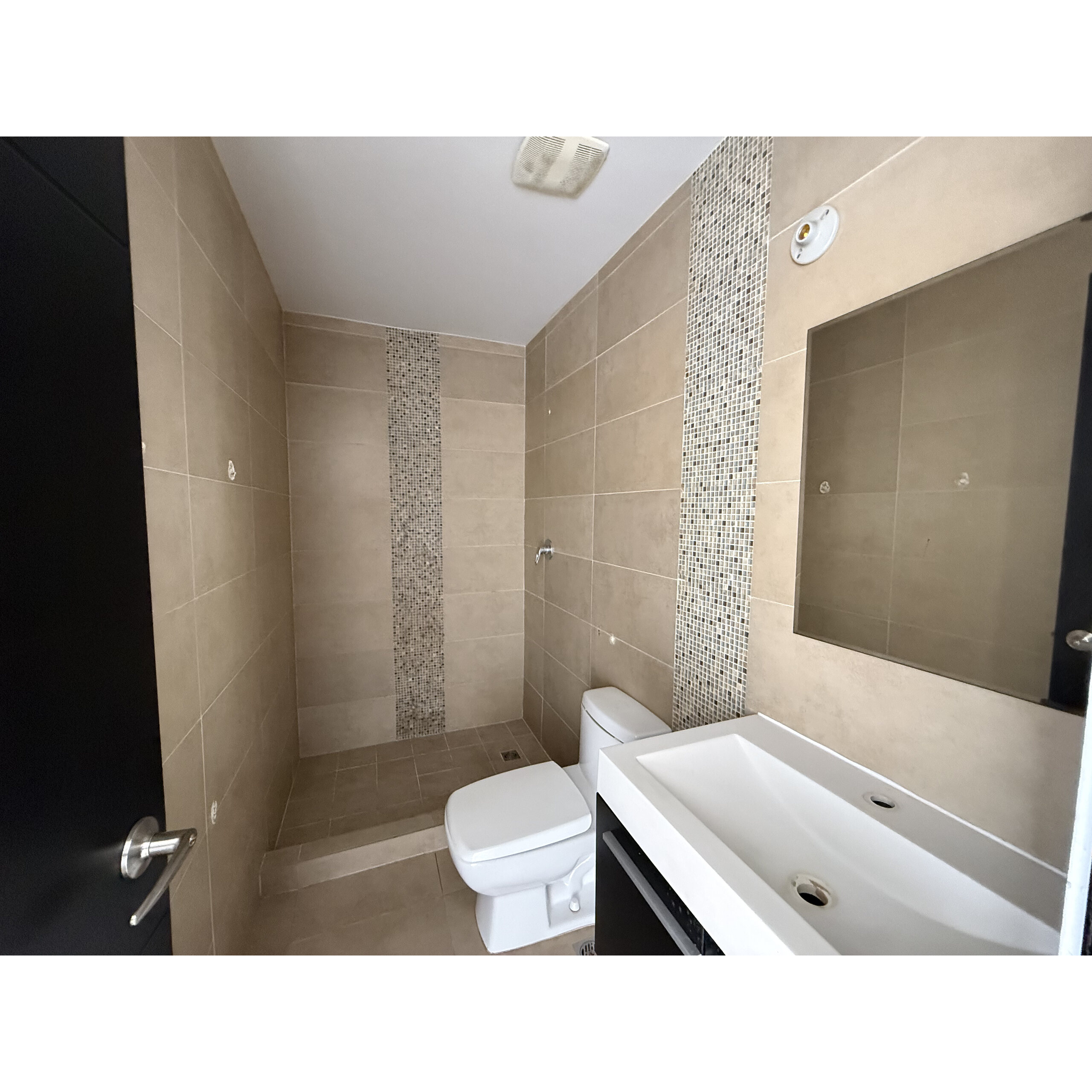 Baño con regadera, inodoro y lavabo de pared.